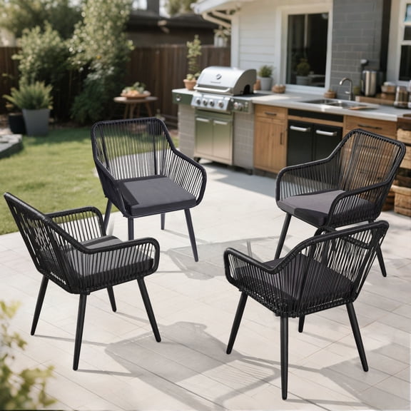 AVAWING Patio Wicker Dining Chairs Set of 4, All-Weather Woven Rattan & Iron Chairs, Black