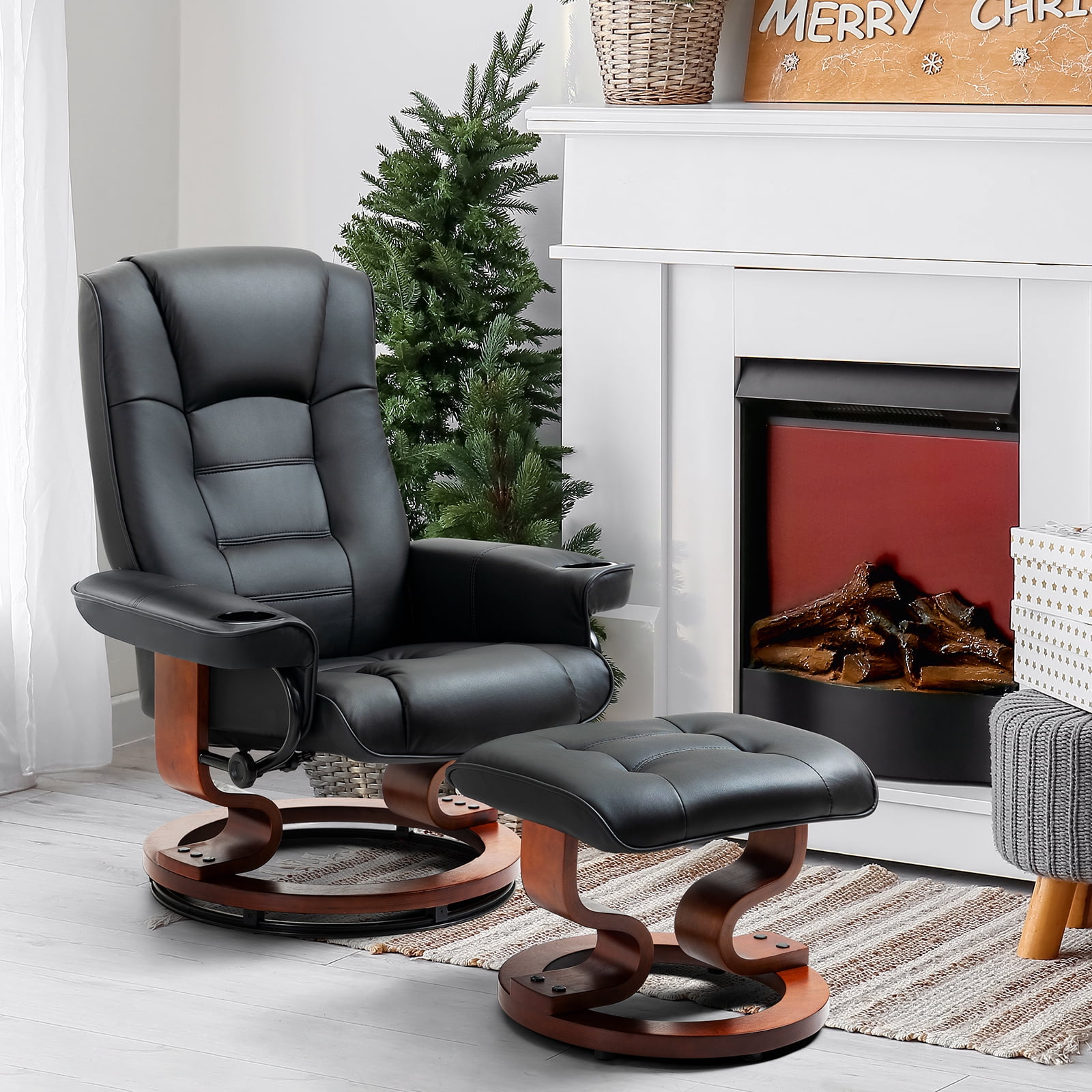 AVAWING Reclining Chair with Ottoman Faux Leather, Swivel Design