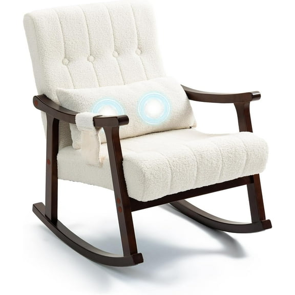 AVAWING Rocking Chair Nursery, Upholstered Boucle Glider Rocker with 2-Point Massage Lumbar Pillow and Solid Wood Legs, Extra Small for Bedroom and Living Room, White