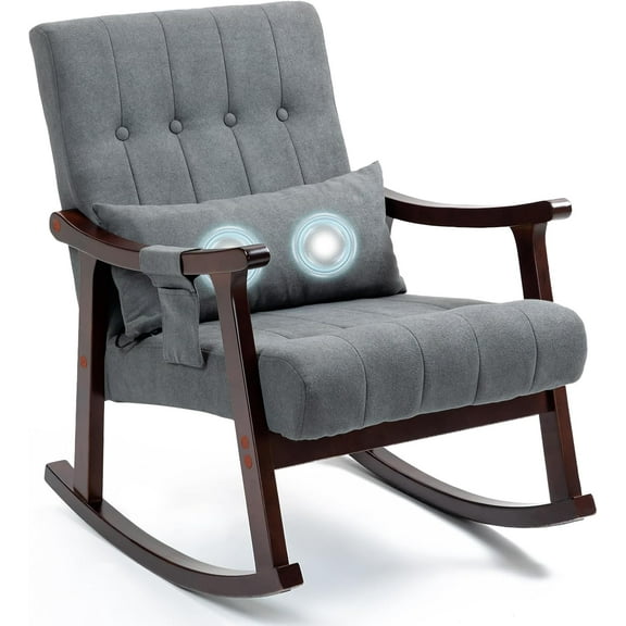 AVAWING Rocking Chair Nursery, Upholstered Fabric Glider Rocker with 2-Point Massage Lumbar Pillow and Solid Wood Legs, Extra Small for Bedroom and Living Room, Dark Grey