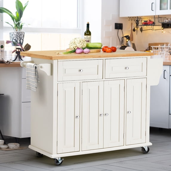 AVAWING Rubber Wood Rolling Kitchen Island Cart with Storage(37.8"x17.7"x37.2"), Cabinet, White
