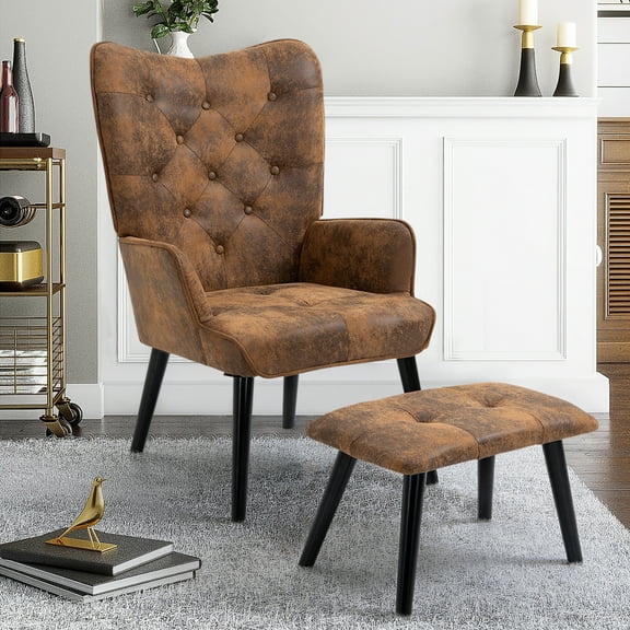 AVAWING Rustic Accent Chair Set with Footrest, Tufted Button Back, Rubberwood Legs, Adult, Gold