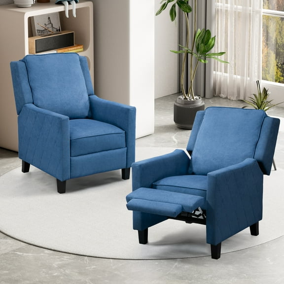 AVAWING Set of 2 Push Back Recliner Chairs - Blue Linen, Mid-Century Accent Chairs for Living Room