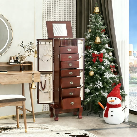 AVAWING Stand-up Jewelry Cabinet Armoire, Modern Jewelry Organizer for Adult, Reddish Brown