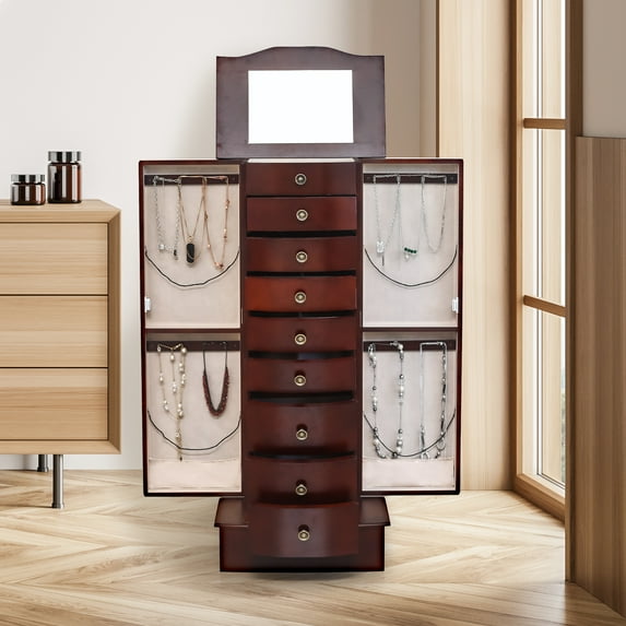 AVAWING Standing Jewelry Cabinet Armoire, Vintage Jewelry Organizer for Female, Reddish Brown