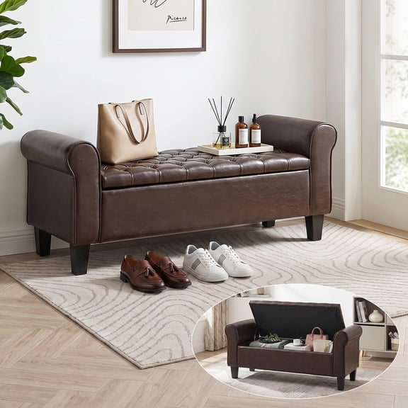 AVAWING Upgraded Armed Storage Bench, Leather Upholstered Ottoman for Living Room & Bedroom, Brown