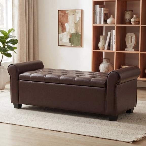 AVAWING Upgraded Armed Storage Bench, Leather Upholstered Ottoman for Living Room & Bedroom, Brown