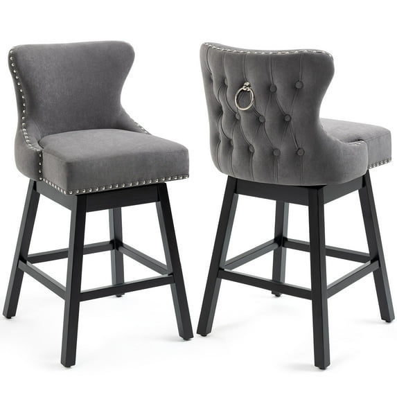 AVAWING Upholstered Fabric Bar Stools Chairs with Pull Ring, Living Room, Indoor, Gray, Set of 2