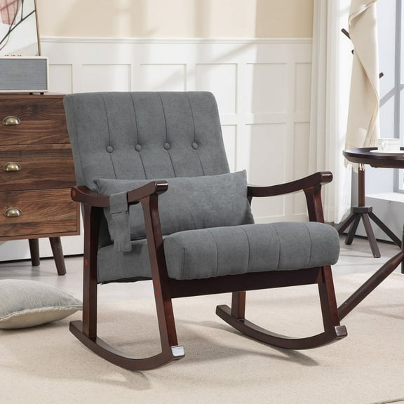 AVAWING Upholstered Rocking Chair with Massage Lumbar Support, Comfy Rocker Glider Chair for Nursery, Modern High Back Armchair for Living Room, Indoor Chair, Polyester, Dark Gray