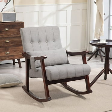 AVAWING Upholstered Rocking Chair with Massage Lumbar Support, Comfy Rocker Glider Chair for Nursery, Modern High Back Armchair for Living Room, Indoor Chair, Polyester, Light Gray