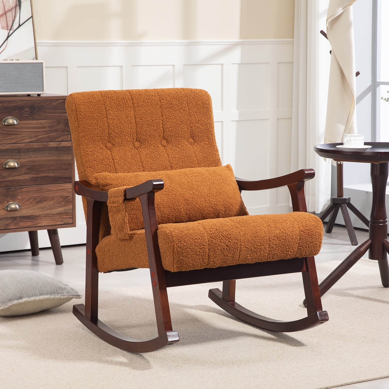 AVAWING Upholstered Rocking Chair with Massage Lumbar Support, Comfy ...