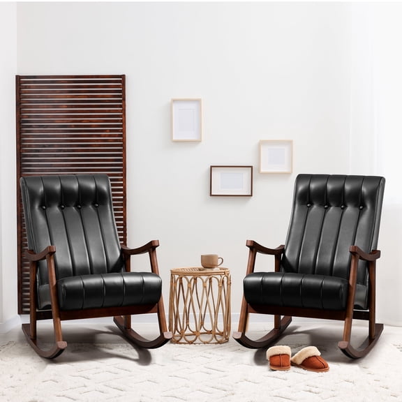 AVAWING Upholstered Rocking Chair Set of 2, Modern High Back Armchair, Adult Single Sofa, Old Man Chair, Black