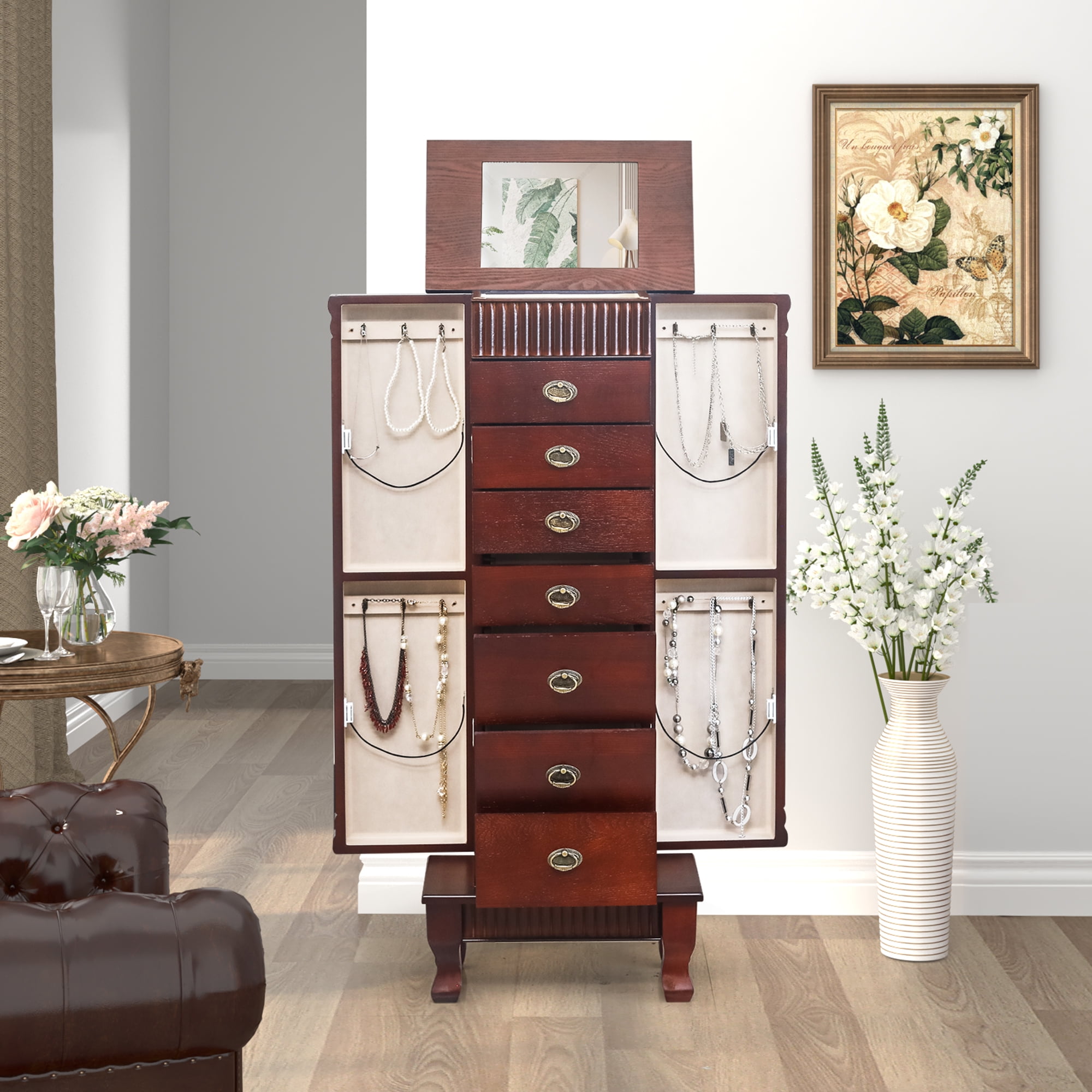 AVAWING Stand up Jewelry Cabinet Armoire Modern Jewelry Organizer for Adult Reddish Brown