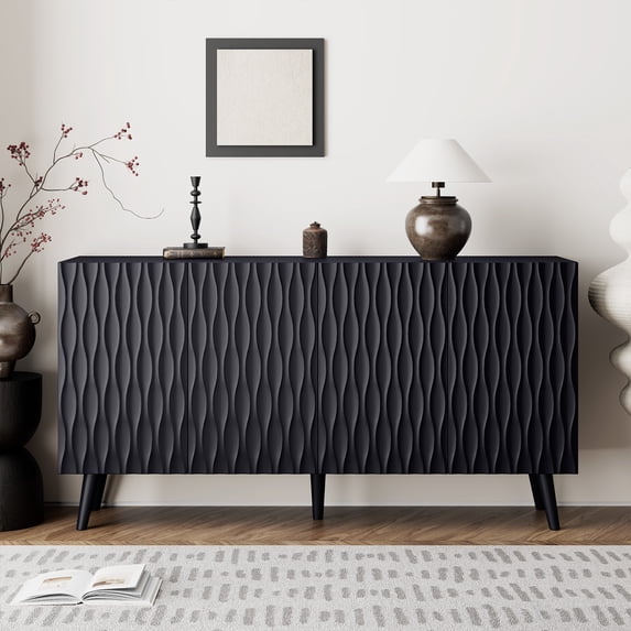 AVAWING Wave Fluted Cabinet with Storage, 4 Doors Sideboard Buffet, Modern Accent Cabinet, Black