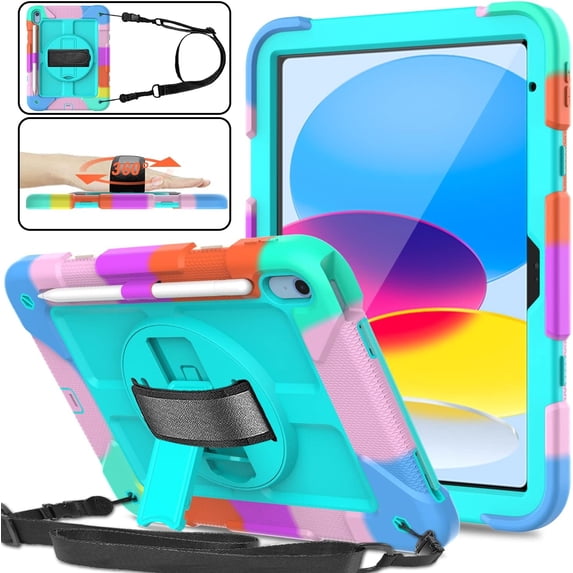 AVAWO 360° Rotatable Case for iPad (A16) 11th Generation 11 Inch 2025 & iPad 10th Generation 10.9" 2022, Shockproof Rugged Protective Cover with Shoulder Strap/Hand Strap - Colors Cyan