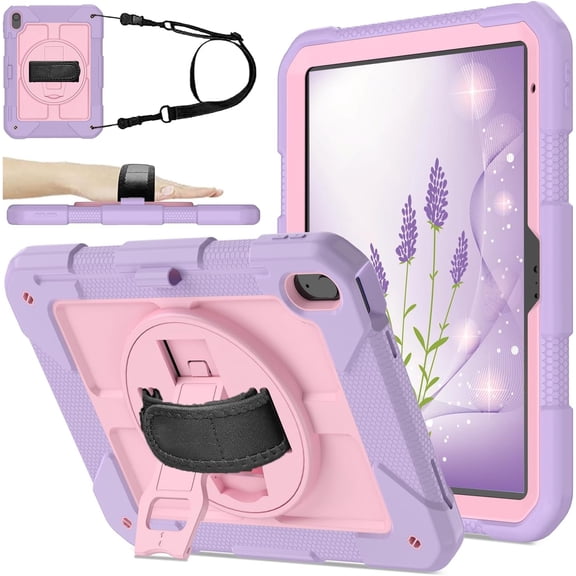 AVAWO 360° Rotating Case for iPad (A16) 11th Generation 11 Inch 2025 & iPad 10th Generation 10.9" 2022, Shockproof Rugged Protective Cover with Shoulder Strap/Hand Strap,Light Purple+Pink