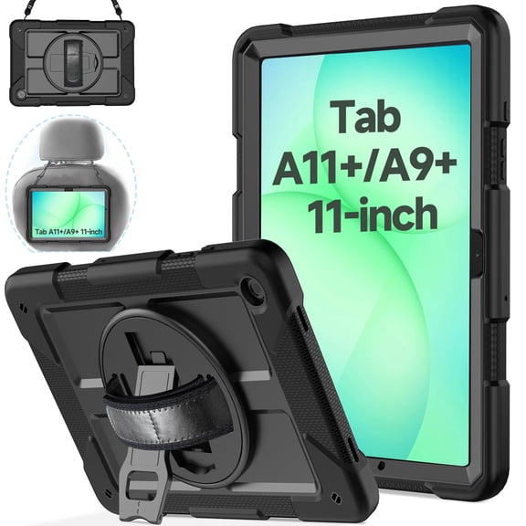 AVAWO Case for Samsung Galaxy Tab A11 Plus/A9 Plus 2026/2023 11-Inch, Shockproof Hard Duty Case with Rotating Stand, with Hand&Shoulder Strap, Black