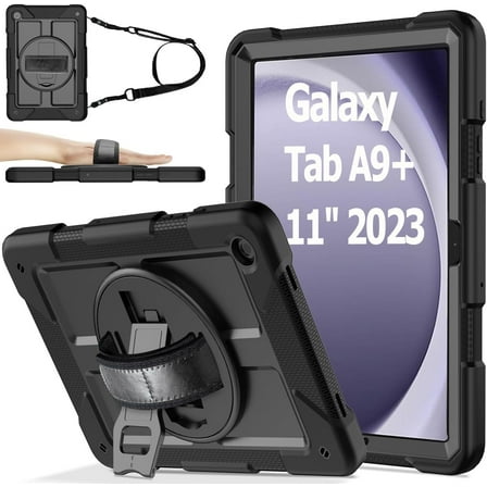 AVAWO Case for Samsung Galaxy Tab A11+ Plus/A9+ Plus 2026/2023 11-Inch, Shockproof Hard Duty Case with Rotating Stand, with Hand&Shoulder Strap, Black
