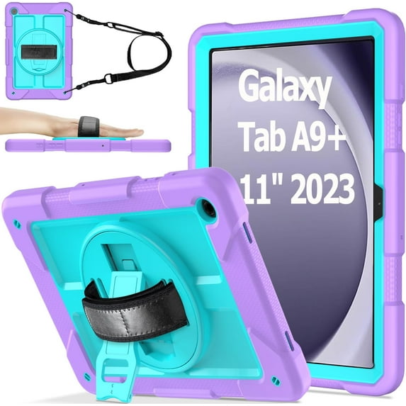 AVAWO Case for Samsung Galaxy Tab A9+ Plus 11 Inch 2024 with 360° Swivel Handle Strap Cover with Lanyard,Purple+Teal