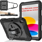 AVAWO 360  Rotating Case for iPad A16 11th Generation 11 Inch 2025 & iPad 10th Generation 10.9 2022, Shockproof Rugged Protective Cover with Shoulder Strap/Hand Strap, Black