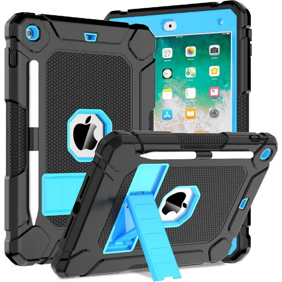 AVAWO Case for iPad 6th 5th Generation (9.7 inch, 2018/2017), Shockproof Protective with Built-in Stand&Pencil Holder Cover for iPad 6th/5th Gen, Air 2, Black+Blue