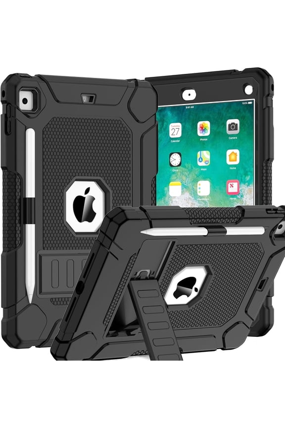 Case for iPad 6th 5th Generation (9.7 inch, 2018/2017), Shockproof Protective with Built-in Stand&Pencil Holder Cover for iPad 6th/5th Gen, Air 2, Black