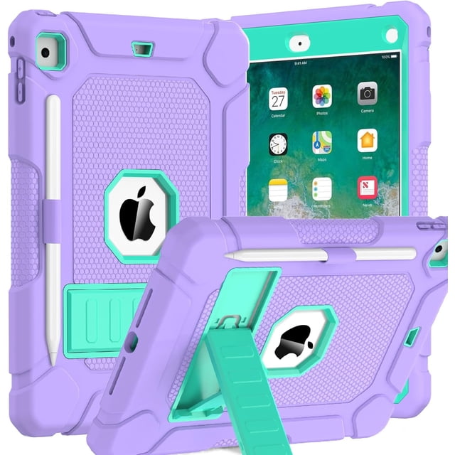 AVAWO Case for iPad 6th 5th Generation (9.7 inch, 2018/2017), Shockproof Protective with Built-in Stand&Pencil Holder Cover for iPad 6th/5th Gen, Air 2, Purple