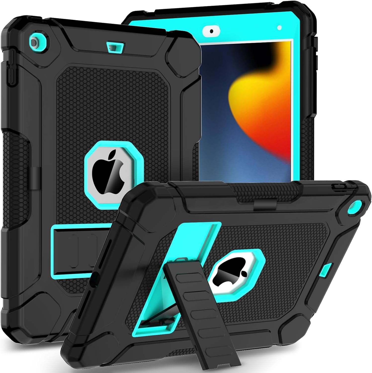 AVAWO Case for iPad 9th/8th/7th Generation (2021/2020/2019), iPad 10.2 Case with Pencil Holder & Kickstand, Hybrid Shockproof Protective Cover Case for iPad 9 8 7 Gen 10.2", Black and Turquoise