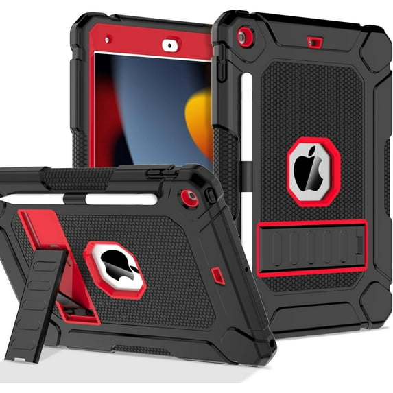 AVAWO Case for iPad 9th/8th/7th Generation (2021/2020/2019), iPad 10.2 Case with Pencil Holder & Kickstand, Hybrid Shockproof Protective Cover Case for iPad 9 8 7 Gen 10.2", Black and Red