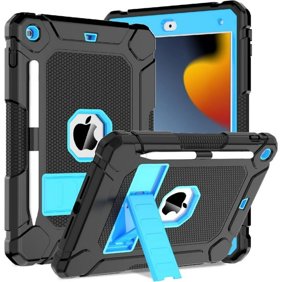 AVAWO Case for iPad 9th/8th/7th Generation (2021/2020/2019), iPad 10.2 Case with Pencil Holder & Kickstand, Hybrid Shockproof Protective Cover Case for iPad 9 8 7 Gen 10.2", Black+Blue