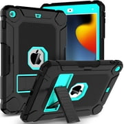 AVAWO Case for iPad 9th/8th/7th Generation (2021/2020/2019), iPad 10.2 Case with Pencil Holder & Kickstand, Hybrid Shockproof Protective Cover Case for iPad 9 8 7 Gen 10.2", Black and Turquoise