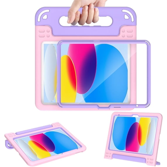 AVAWO Kids Case for New iPad (A16) 11th Generation 11 Inch 2025 & iPad 10th Generation 10.9" 2022 with Built-in Screen Protector Durable Shockproof Lightweight Handle Cover, Light Pink+Light Purple