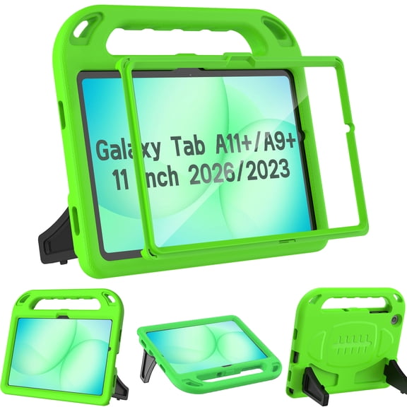 AVAWO Kids Case for Samsung Galaxy Tab A11+ Plus/A9+ Plus 11 inch 2026/2023 - with Built-in Screen Protector, Shockproof Covertible Handle Stand Cover, Green