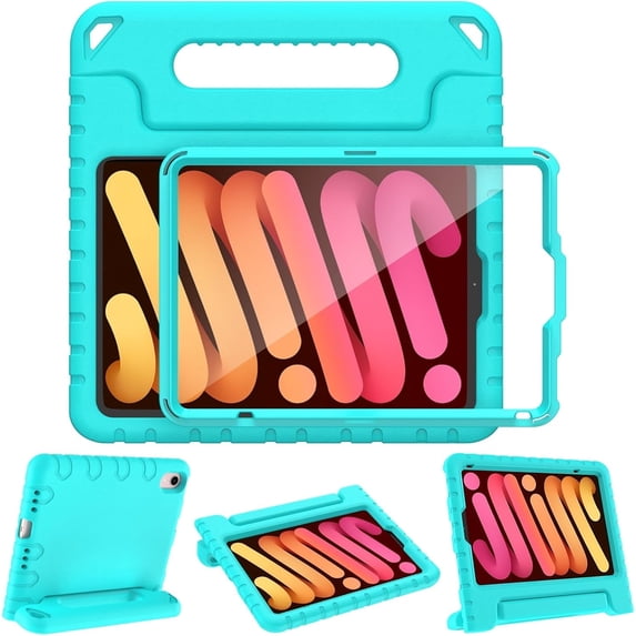 AVAWO Kids Case for iPad Mini 7 (A17 Pro) 2024 8.3 inch, Mini 6 2021 with Built-in Screen Protector, Shockproof Lightweight Handle Stand Cover, Cyan