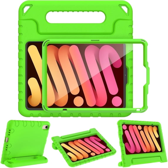 AVAWO Kids Case for iPad Mini 7 (A17 Pro) 2024 8.3 inch, Mini 6 2021 with Built-in Screen Protector, Shockproof Lightweight Handle Stand Cover, Green