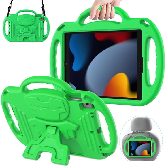 AVAWO Kids Case for iPad 10.2 9th & 8th & 7th Generation, iPad 10.2 2021/2020/2019 Case - with Shoulder Strap - Light Weight Shock Proof Handle Stand Kids Friendly Case for All iPad 10.2 inch, Green