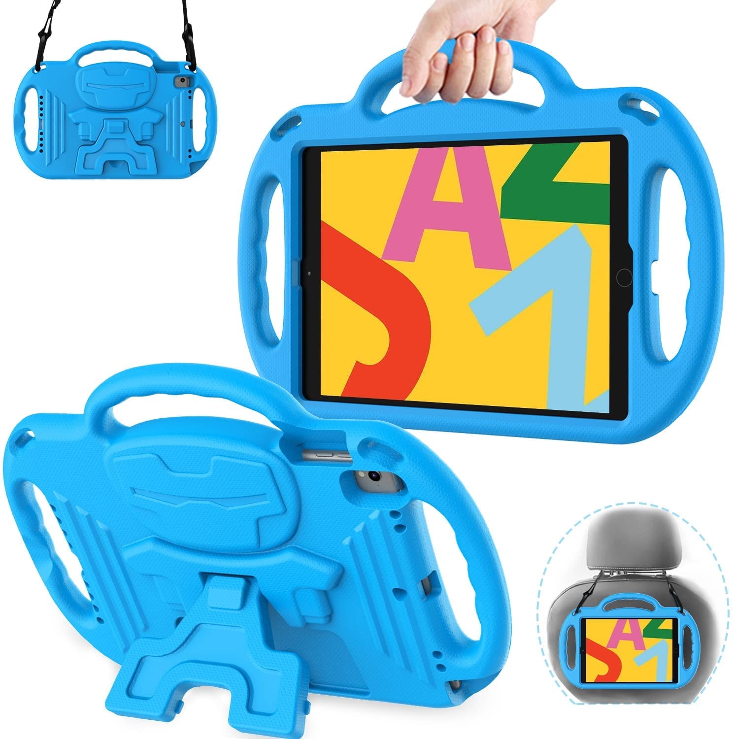 AVAWO Kids Case for iPad 10.2 9th & 8th & 7th Generation, iPad 10.2 2021/2020/2019 Case - with Shoulder Strap - Light Weight Shock Proof Handle Stand Kids Friendly Case for All iPad 10.2 inch, Blue