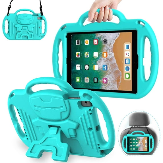 AVAWO Kids Case for iPad 6th/5th Generation 9.7 inch 2018/2017 - with Shoulder Strap, Shockproof Handle Stand Case for iPad 9.7 inch 5 & 6th Gen & iPad Air / Air 2 - Turquoise