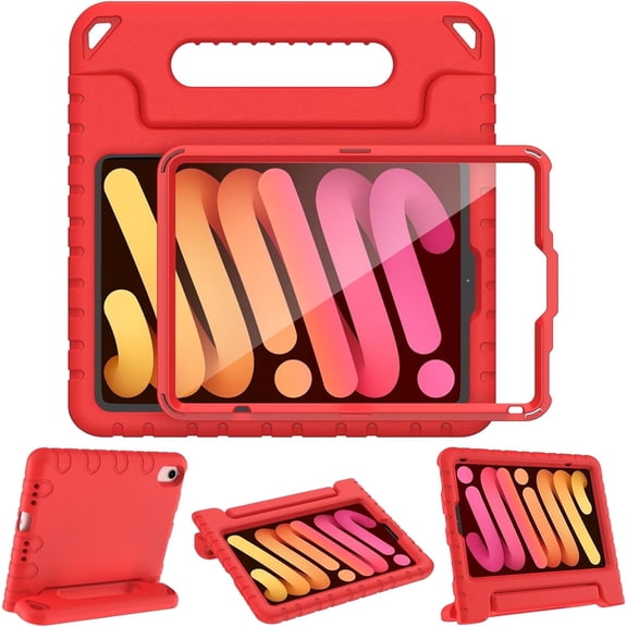AVAWO Kids Case for iPad Mini 7 (A17 Pro) 2024 8.3 inch, Mini 6 2021 with Built-in Screen Protector, Shockproof Lightweight Handle Stand Cover for Model (A2995/A2996, A2567/A2568/A2569), Red