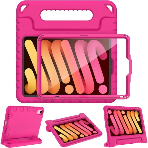 AVAWO Kids Case for iPad Mini 7 (A17 Pro) 2024 8.3 inch, Mini 6 2021 with Built-in Screen Protector, Shockproof Lightweight Handle Stand Cover, Rose