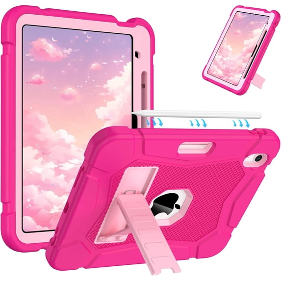 AVAWO 360° Rotatable Case for iPad (A16) 11th Generation 11 Inch 2025 & iPad 10th Generation 10.9" 2022, Shockproof Rugged Protective Cover with Shoulder Strap/Hand Strap - Rose