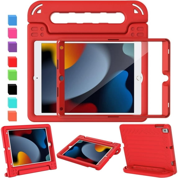 AVAWO iPad 9th Generation Case for kids, iPad 8th/7th Generation Case, iPad 10.2 Case 2021/2020/2019, with Screen Protector Light Weight ShockProof Handle Stand Case for iPad 9/8/7 Gen 10.2"-Red