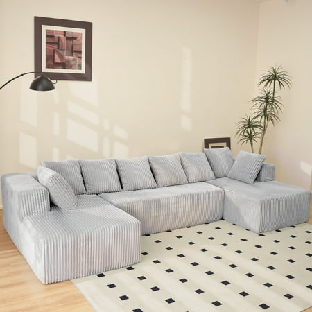 AVAXA 130-Inch Modular U-Shaped Sectional Sofa – 4-Seater Chaise Lounge with Reversible Design, Gray Striped Corduroy Polyester Fabric