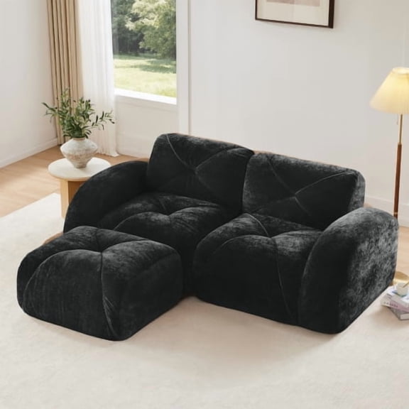 AVAXA 2-Seat L-Shape Boneless Sectional Sofa, 32D High Density Sponge, Soft Velvet Fabric, Movable Ottoman, Black