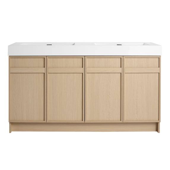AVAXA Contemporary 60" Freestanding Bathroom Vanity with White Double Resin Sink & Soft-Close Doors in Oak Finish