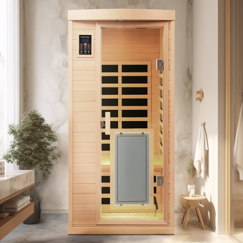 AVAXA Low EMF Hemlock Far-infrared Indoor Sauna Room with Heating Panel for One Person, Natural Wood Finish