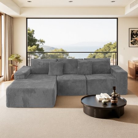 AVAXA Modern Modular Cloud Sectional Couch with L-Shape Chaise, Deep Seat Upholstered Sofa in Grey Plush Corduroy, 112.99" Long, No Assembly Required