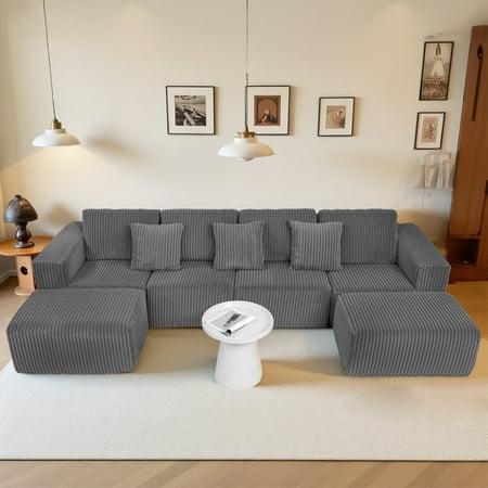 AVAXA Modular U-Shaped Sectional Sofa, 132-inch 4-Seater Chaise Lounge with Reversible Design, Striped Corduroy Fabric in Gray – Customizable Living Room or Bedroom Couch, Freely Configurable Layout