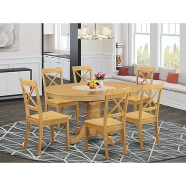 7-Piece Oak Dining Room Set - Extendable Oval Dinette Table with Leaf ...