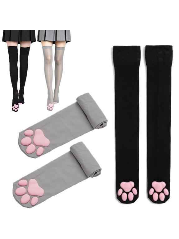 2 Pairs Cat Paw Thigh High Socks Set, Gray And Black 3D Soft Toe Beans Kitten Claw Cosplay Socks For Women